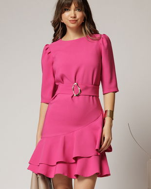 Rochie DY Fashion fucsia scurta cu volanase pe fusta si cordon detasabil