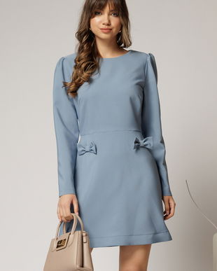 Rochie scurta bleu cu fusta tip A si fundite