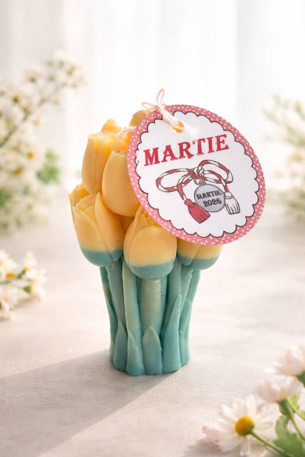 Lumânare buchet lalele galbene din ceară de soia, martisor elegant, cadou 8 Martie, decor primăvară
