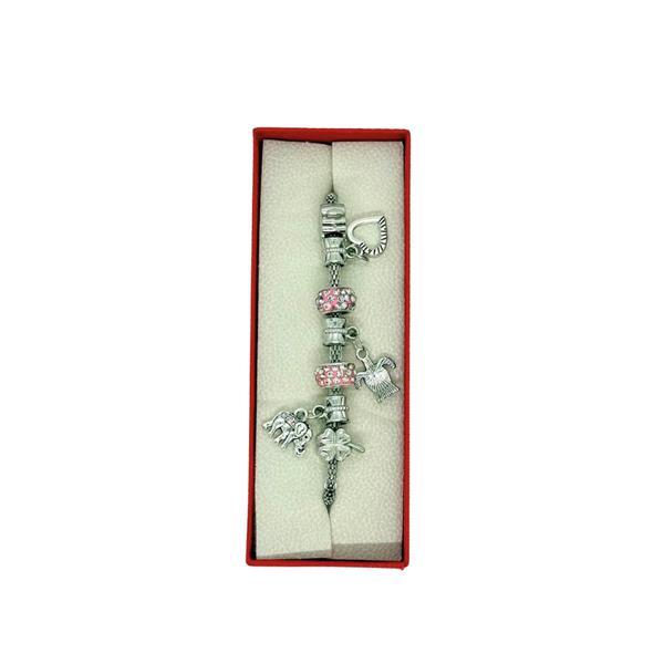 Bratara Argintie cu Charmuri și Mărgele Roz &ndash; Cutie Cadou &ndash; Accesoriu Elegant pentru Femei