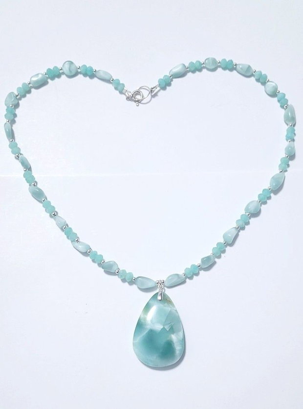 Colier argint 925 cu larimar verde, amazonit si hematit