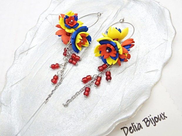 Cercei handmade statement - flori - Tricolorul Romaniei (cod1389)