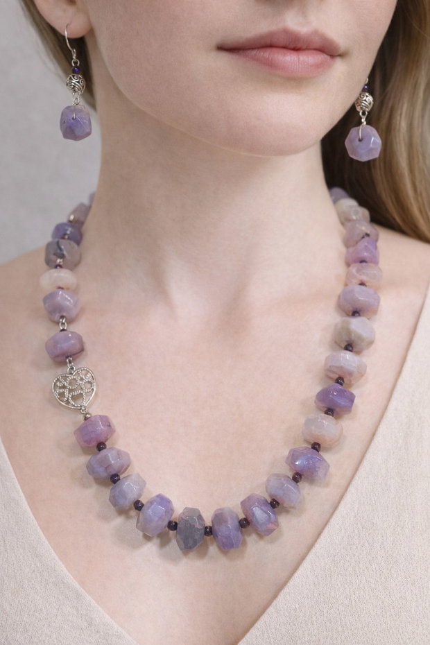 SET VIOLET GLOW-lucrat manual din agate,hematit,inox,accesorii placate cu argint