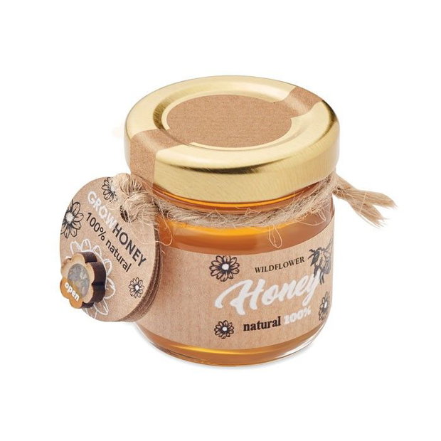 Dulce Amintire Honey Jar mărturie cu miere din flori sălbatice 50g și semințe melifere, cadou eco, pentru nuntă, botez și evenimente, minim 50 bucăți