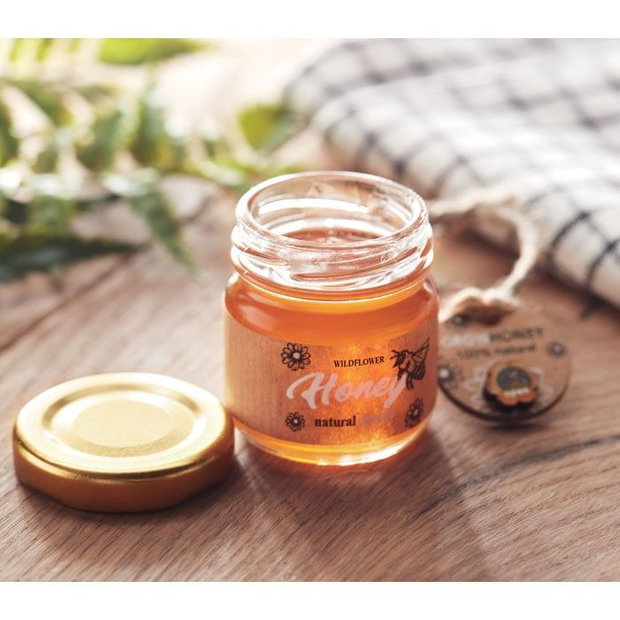 Dulce Amintire Honey Jar mărturie cu miere din flori sălbatice 50g și semințe melifere, cadou eco, pentru nuntă, botez și evenimente, minim 50 bucăți