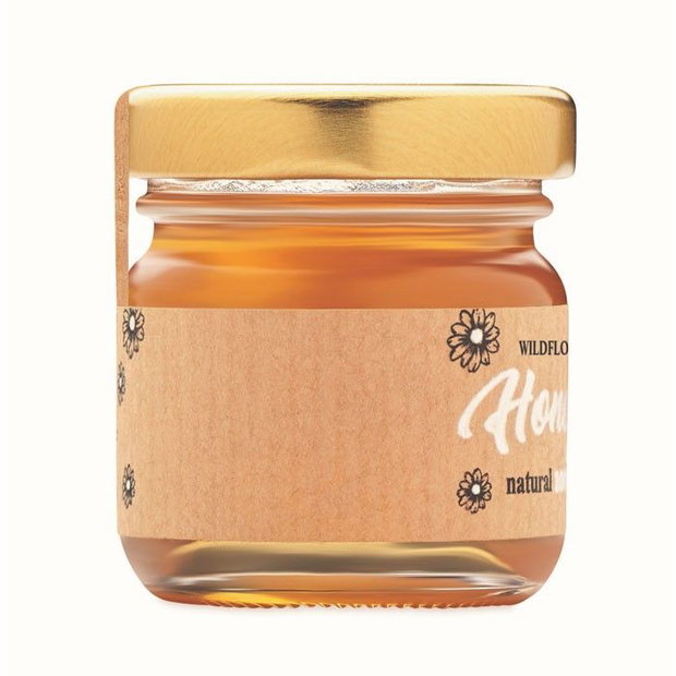 Dulce Amintire Honey Jar mărturie cu miere din flori sălbatice 50g și semințe melifere, cadou eco, pentru nuntă, botez și evenimente, minim 50 bucăți