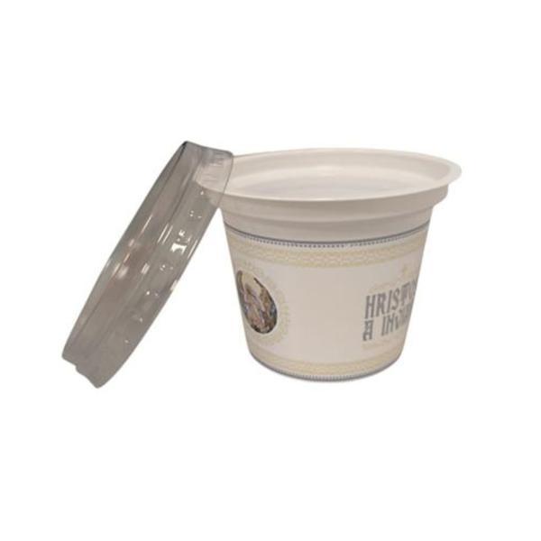 Set 100 buc, pahare de Pasti, 250 ml, cu Hristos a Inviat, din plastic, cu capac, model icoana