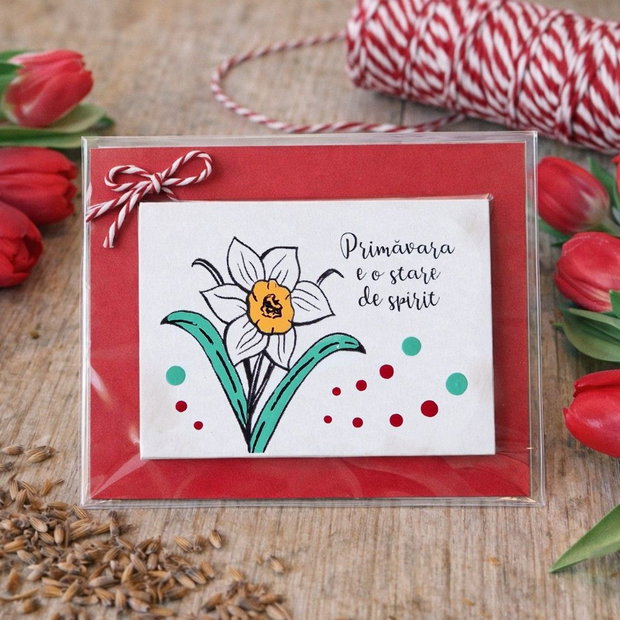 Martisor narcisa cu magnet pictat manual cu mesaj