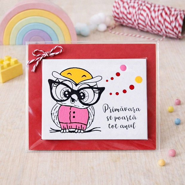 Martisor bufnita cu magnet pictat manual cu mesaj