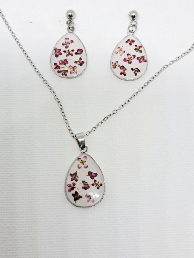 Set de bijuterii din rășină cu flori naturale de alyssum