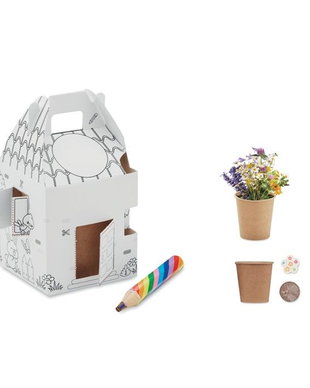 Casa Semințelor Fericite  set creativ de plantare în formă de căsuță, cu semințe de flori melifere și creion colorat, mărturie eco pentru evenimente și ateliere copii