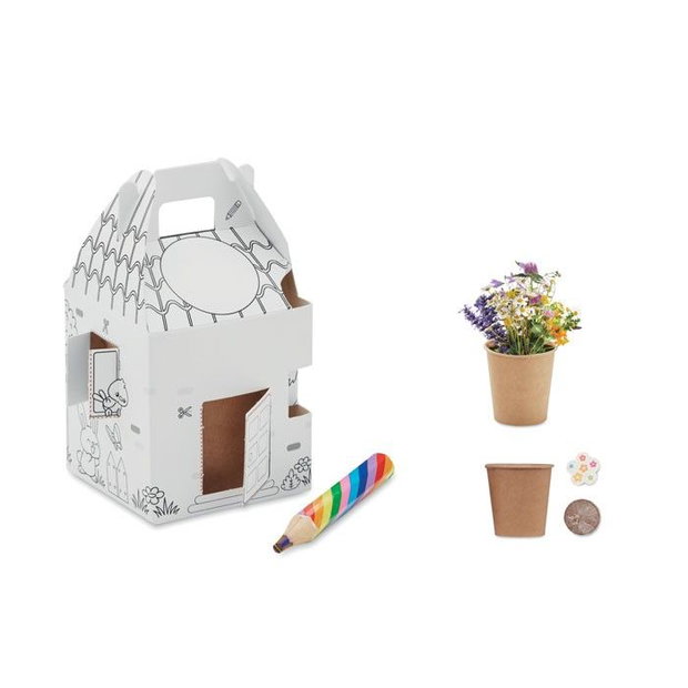 Casa Semințelor Fericite set creativ de plantare în formă de căsuță, cu semințe de flori melifere și creion colorat, mărturie eco pentru evenimente și ateliere copii