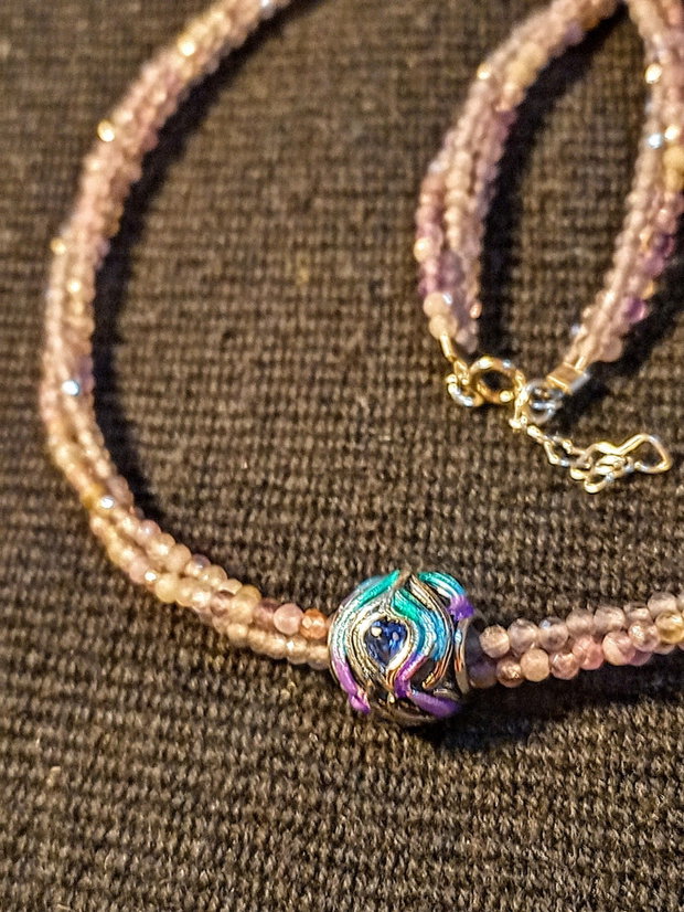 Colier argint X3 ametist charm argint emailat pana de paun minimalist boho chic multicolor