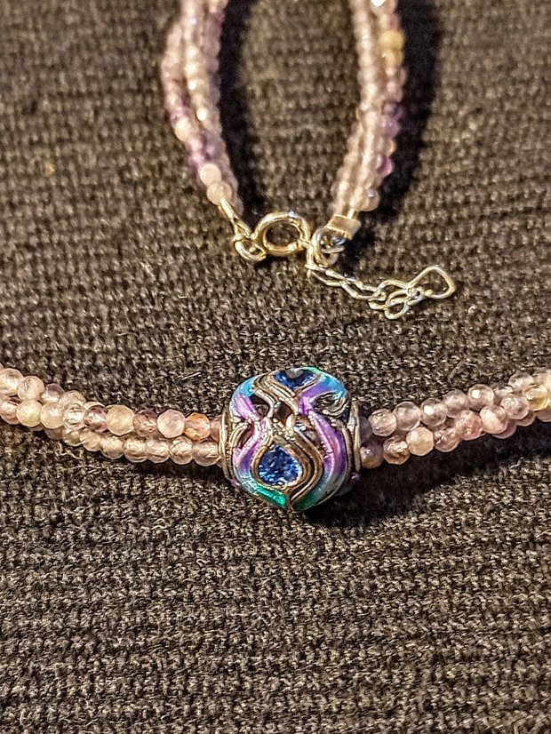 Colier argint X3 ametist charm argint emailat pana de paun minimalist boho chic multicolor