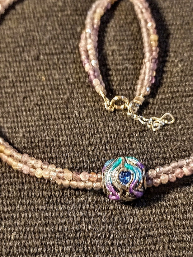 Colier argint X3 ametist charm argint emailat pana de paun minimalist boho chic multicolor