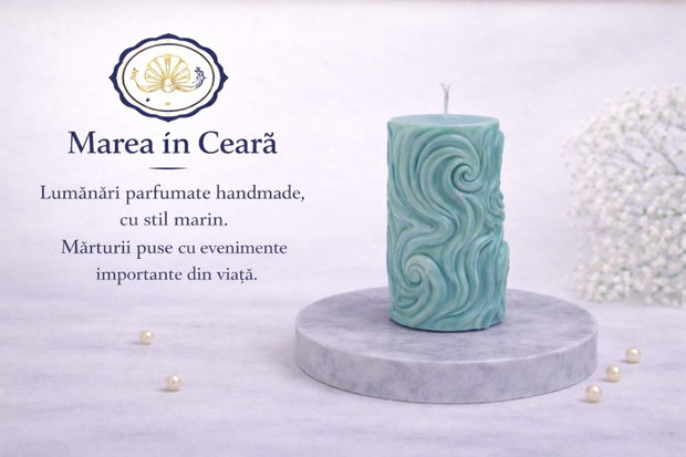 Lumânare decorativă Sfânta Maria turcoaz ceară de soia, handmade
