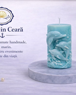 Lumânare decorativă Delfini turcoaz  ceară de soia, handmade
