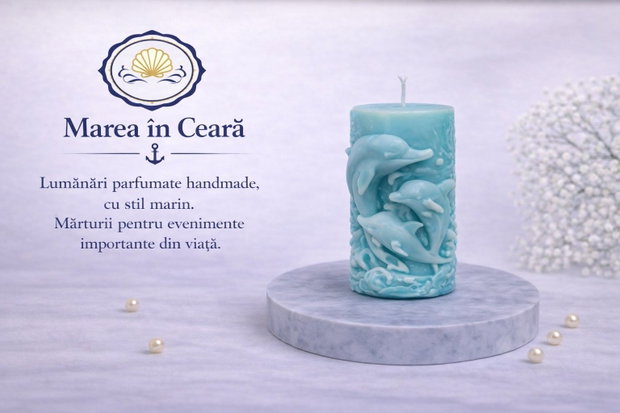 Lumânare decorativă Delfini turcoaz ceară de soia, handmade