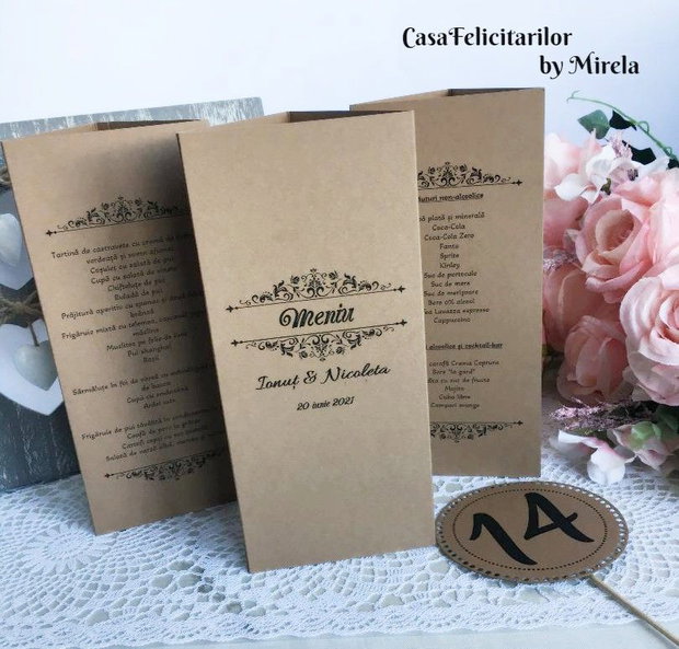 Meniu nuntă handmade carton natur, format 3 părț