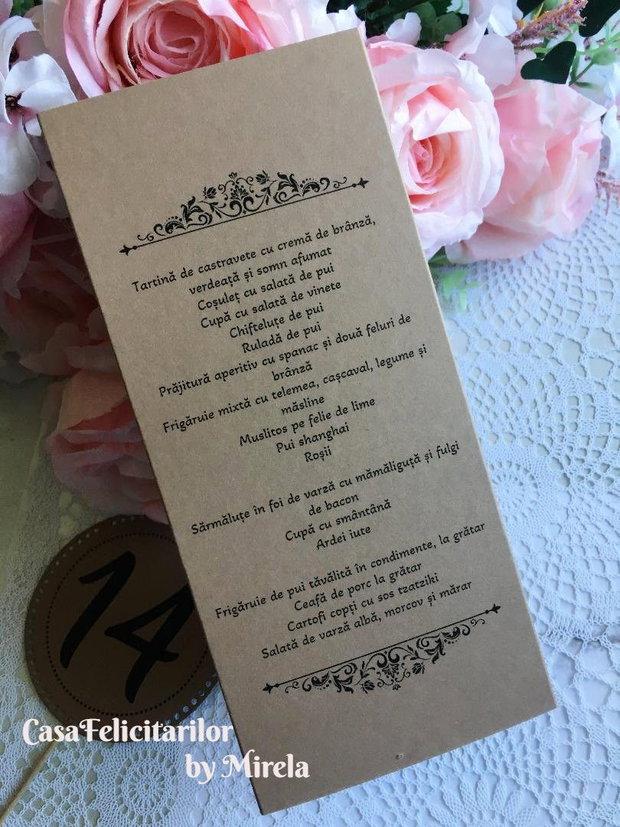 Meniu nuntă handmade carton natur, format 3 părț