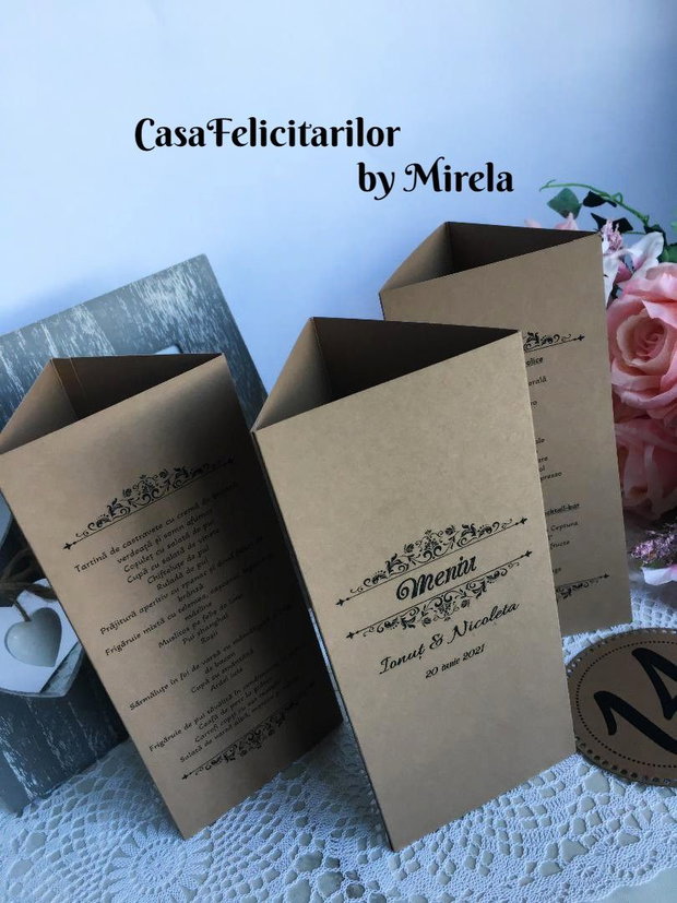 Meniu nuntă handmade carton natur, format 3 părț