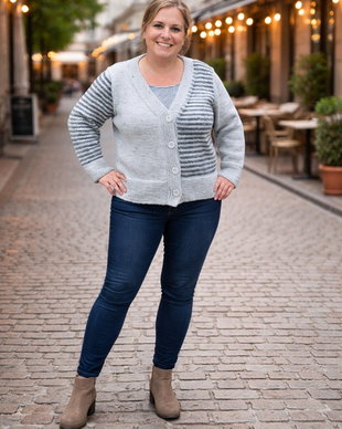 Jacheta Cardigan XL gros tricotat manual crem gri