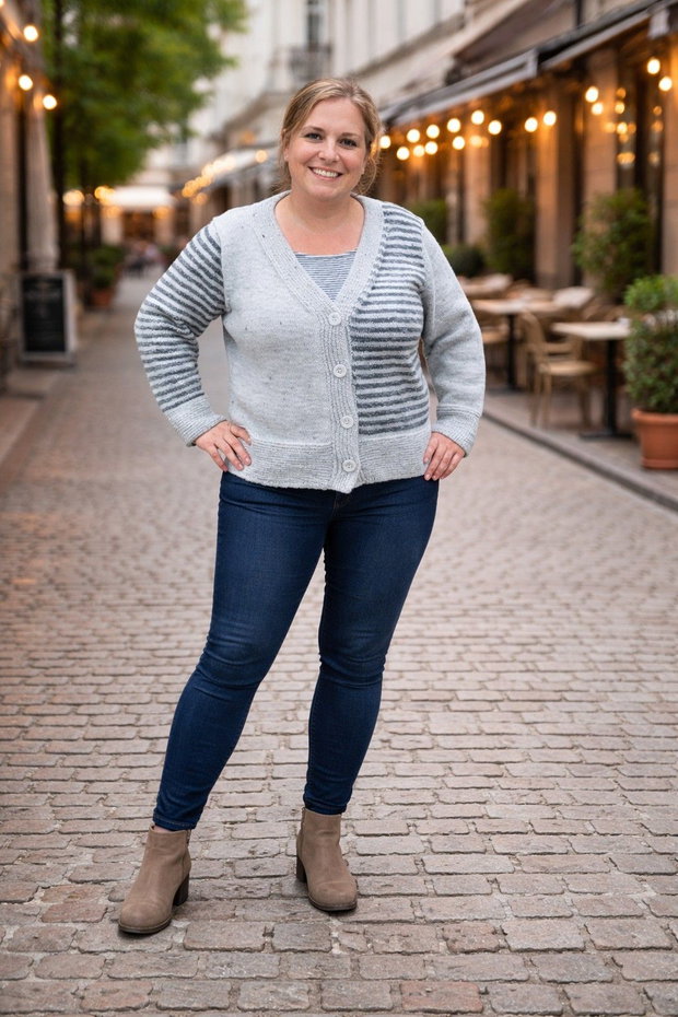 Jacheta Cardigan XL gros tricotat manual crem gri