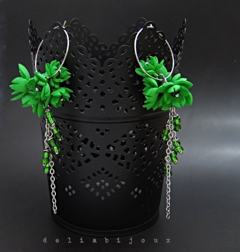 Cercei handmade, lungi cu flori verzi (cod1390)