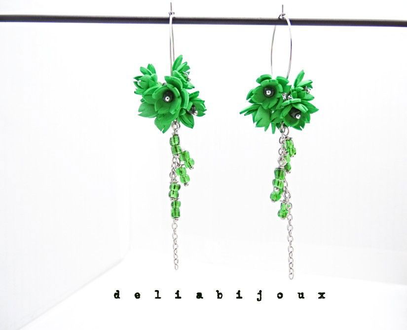 Cercei handmade, lungi cu flori verzi (cod1390)