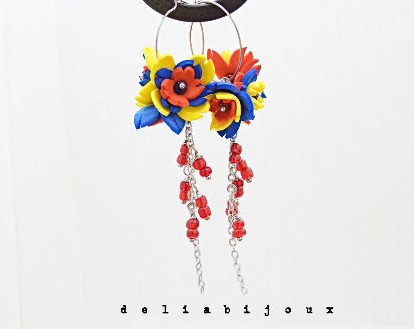 Cercei handmade statement - flori - Tricolorul Romaniei (cod1389)