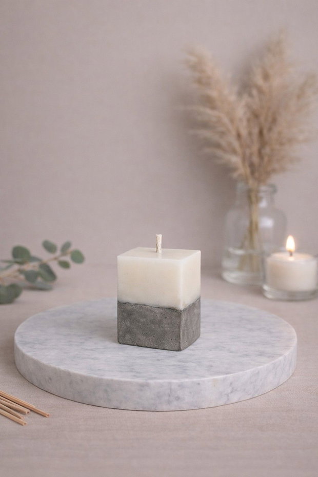 Lumânare decorativă handmade din ceară de soia și beton cadou elegant, colecția Liniște