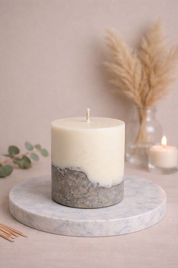 Lumânare decorativă handmade din ceară de soia și beton cadou elegant, colecția Liniște