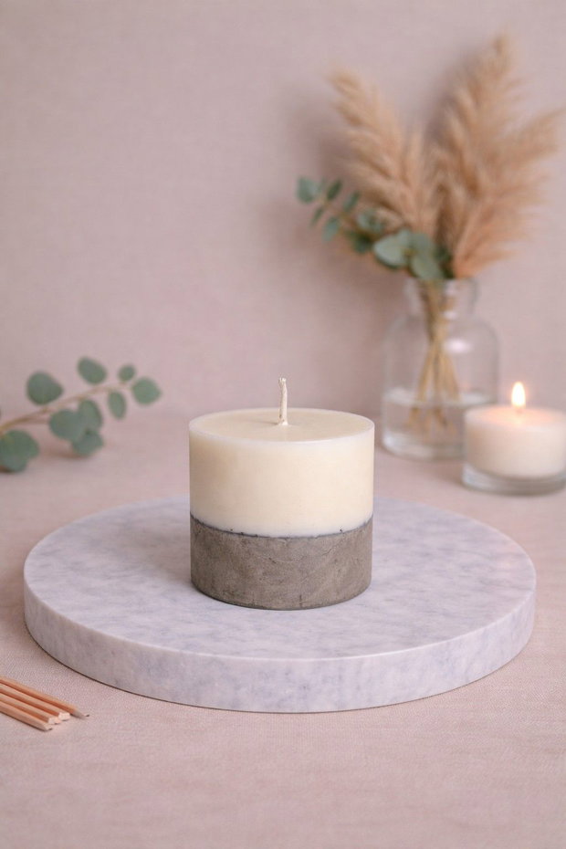 Lumânare decorativă handmade din ceară de soia și beton cadou elegant, colecția Liniște