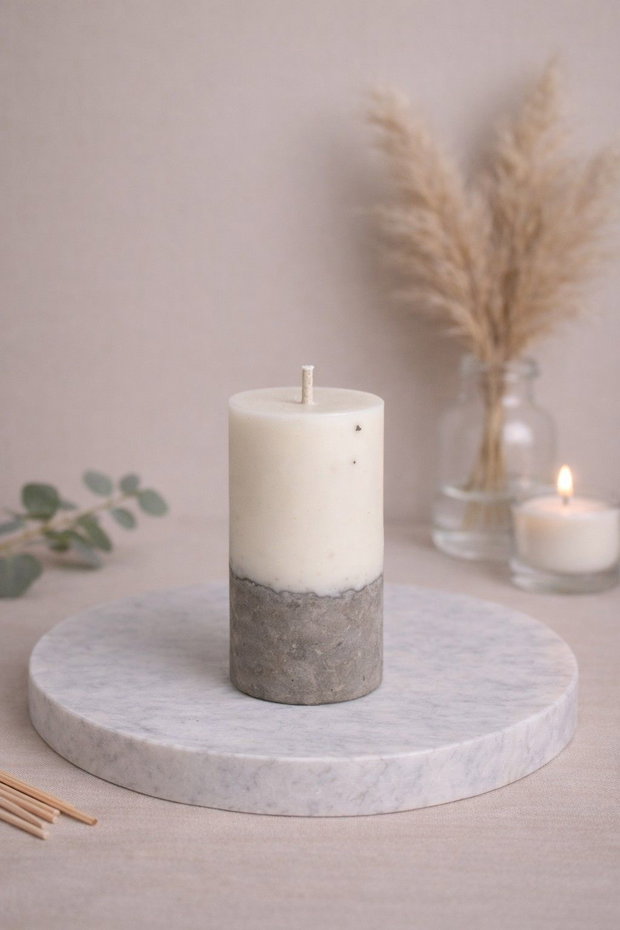 Lumânare decorativă handmade din ceară de soia și beton cadou elegant, colecția Liniște