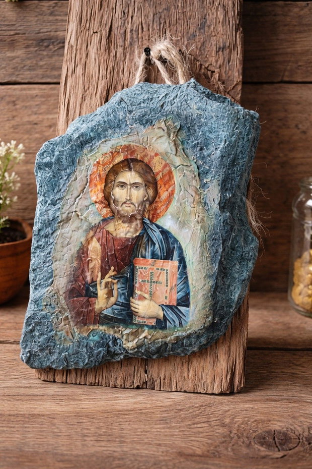 Icoană decorativă pe piatră, lucrată manual