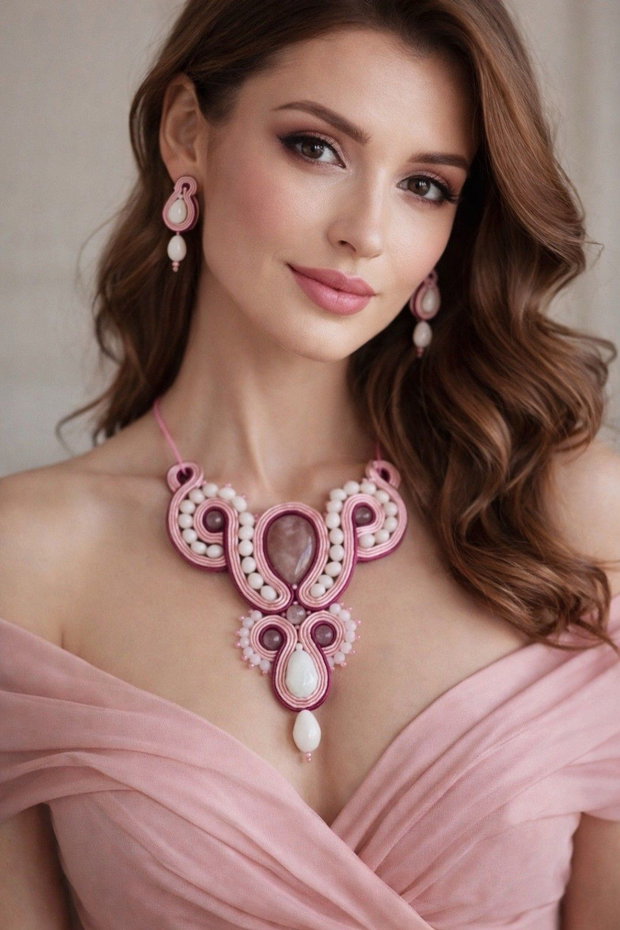 Set soutache cu Cuarț Roz