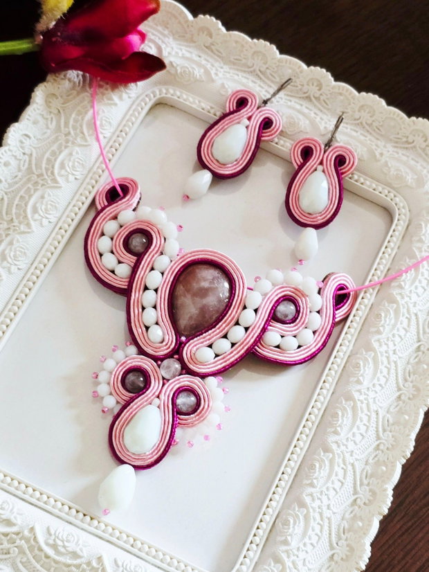 Set soutache cu Cuarț Roz