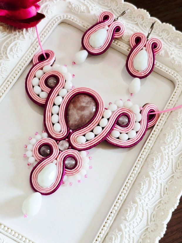 Set soutache cu Cuarț Roz