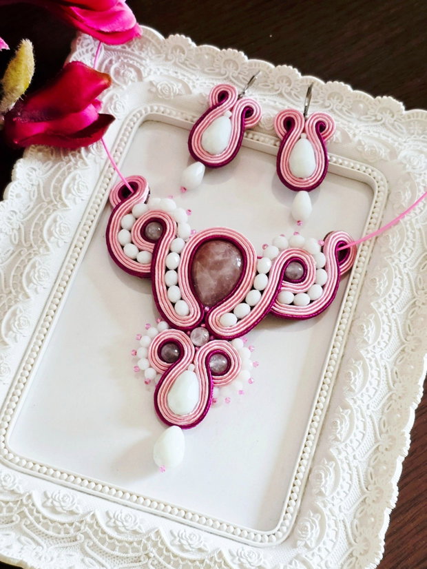 Set soutache cu Cuarț Roz