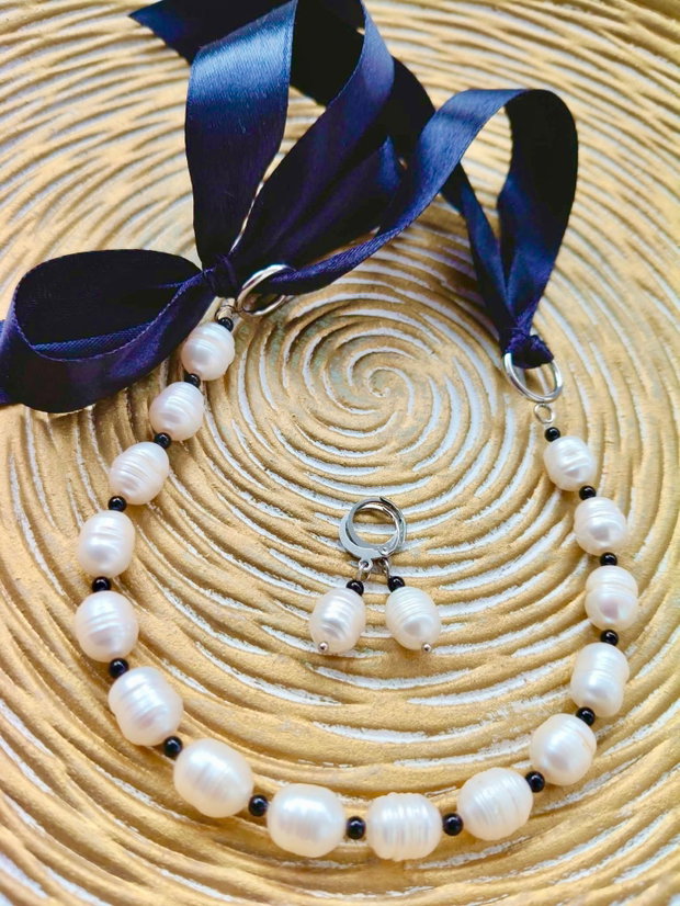 Colier perle baroc albe calitate A plus & onix negru