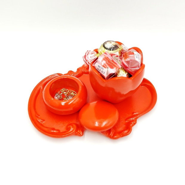 Set decorativ rosu cu recipient tip macarons si suport lalea 4578