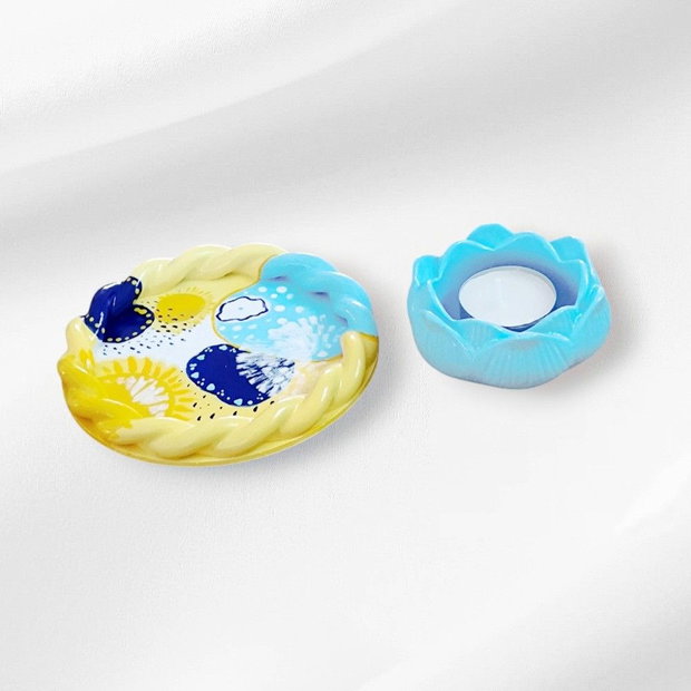 Set decorativ unicat bleu galben, tava rotunda si suport lotus 4614