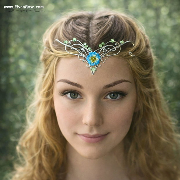 Sylvaria Bloom Tiară Elfică Argintie cu Floare Albastră