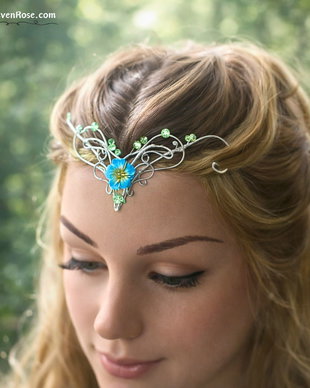 Sylvaria Bloom Tiară Elfică Argintie cu Floare Albastră