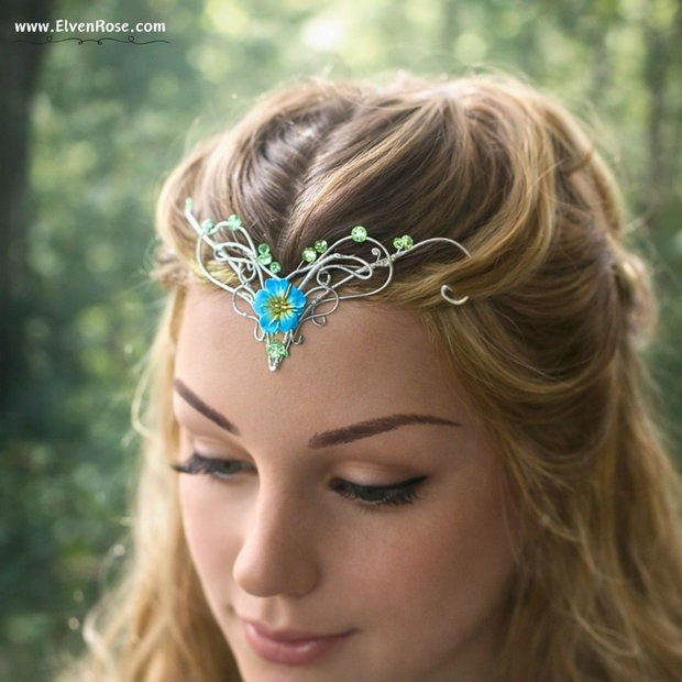 Sylvaria Bloom Tiară Elfică Argintie cu Floare Albastră