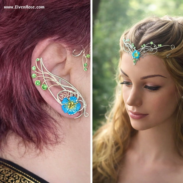 Sylvaria Bloom Tiară Elfică Argintie cu Floare Albastră
