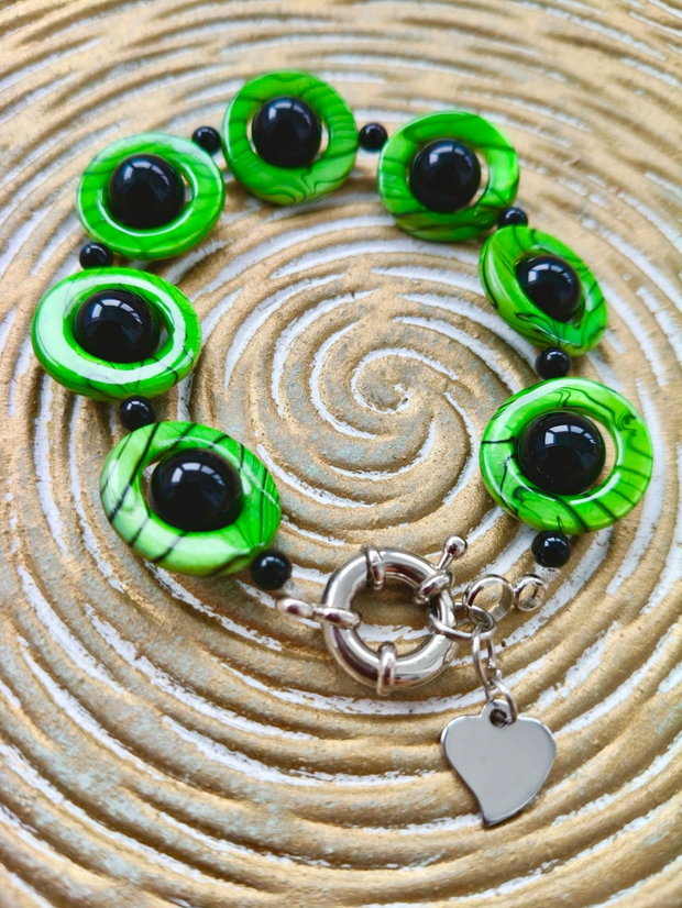 Bratara onix negru & sidef verde