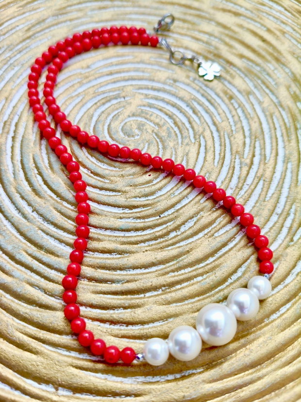 Colier Coral rosu MARTISOR & perle albe de Mallorca