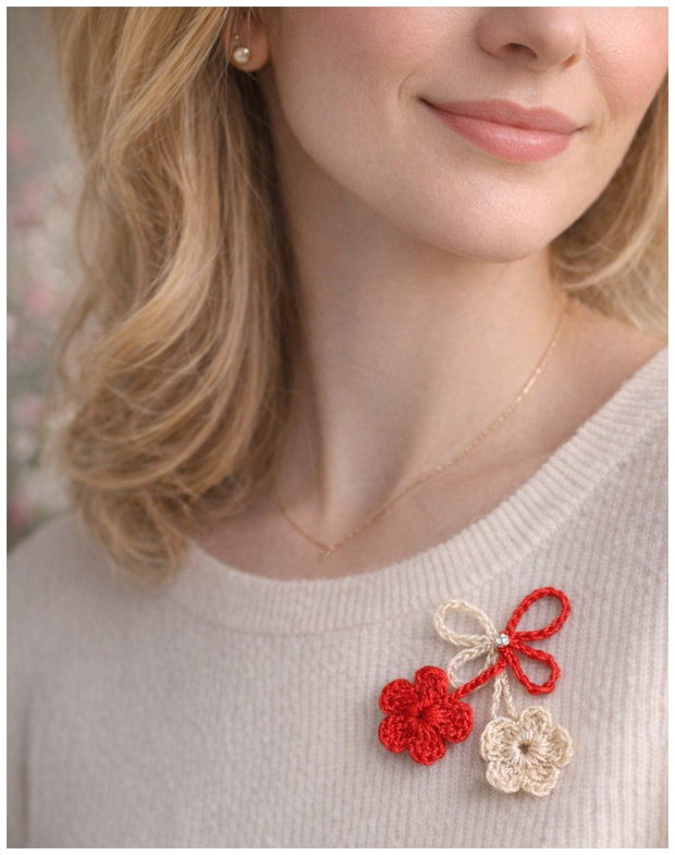 Martisor traditional crosetat cu flori albe si rosii