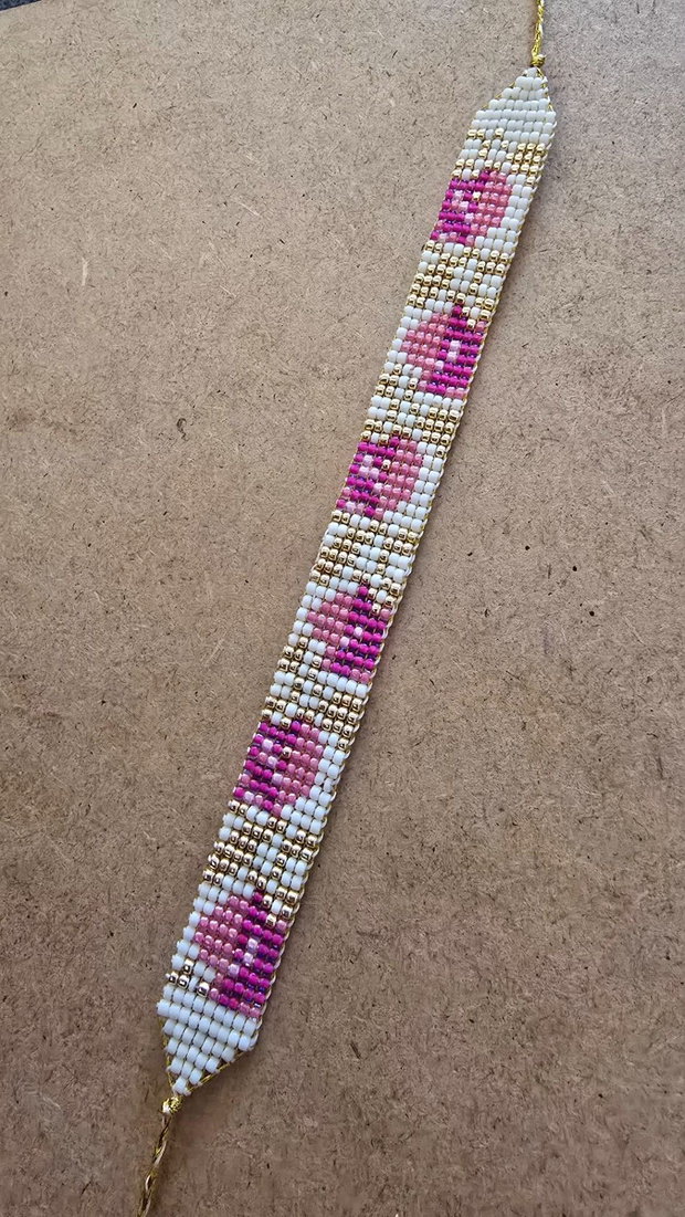 Brățară handmade Flori Roz cu Frunze Aurii